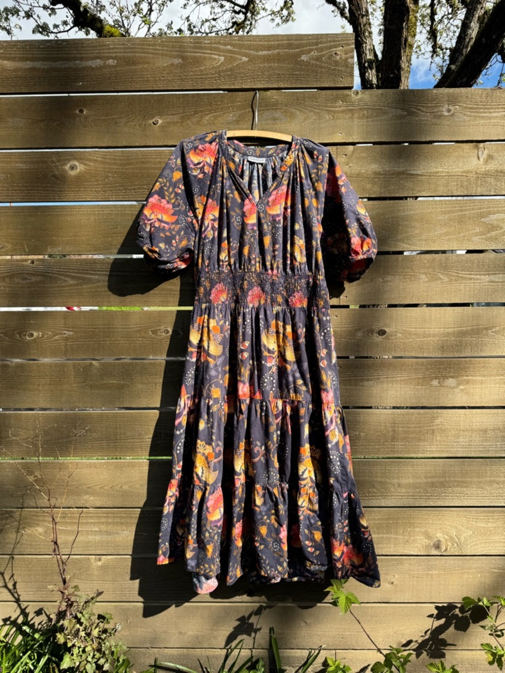 Cotton Anthropologie Floral Tiered Puff-Sleeve Midi Dress in Navy and Coral